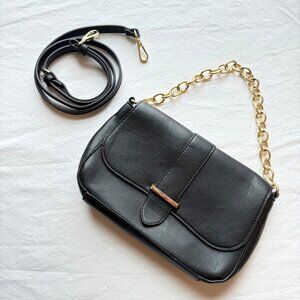 Black Faux Leather Shoulder Bag With Gold Chain & Detachable Strap By A New Day